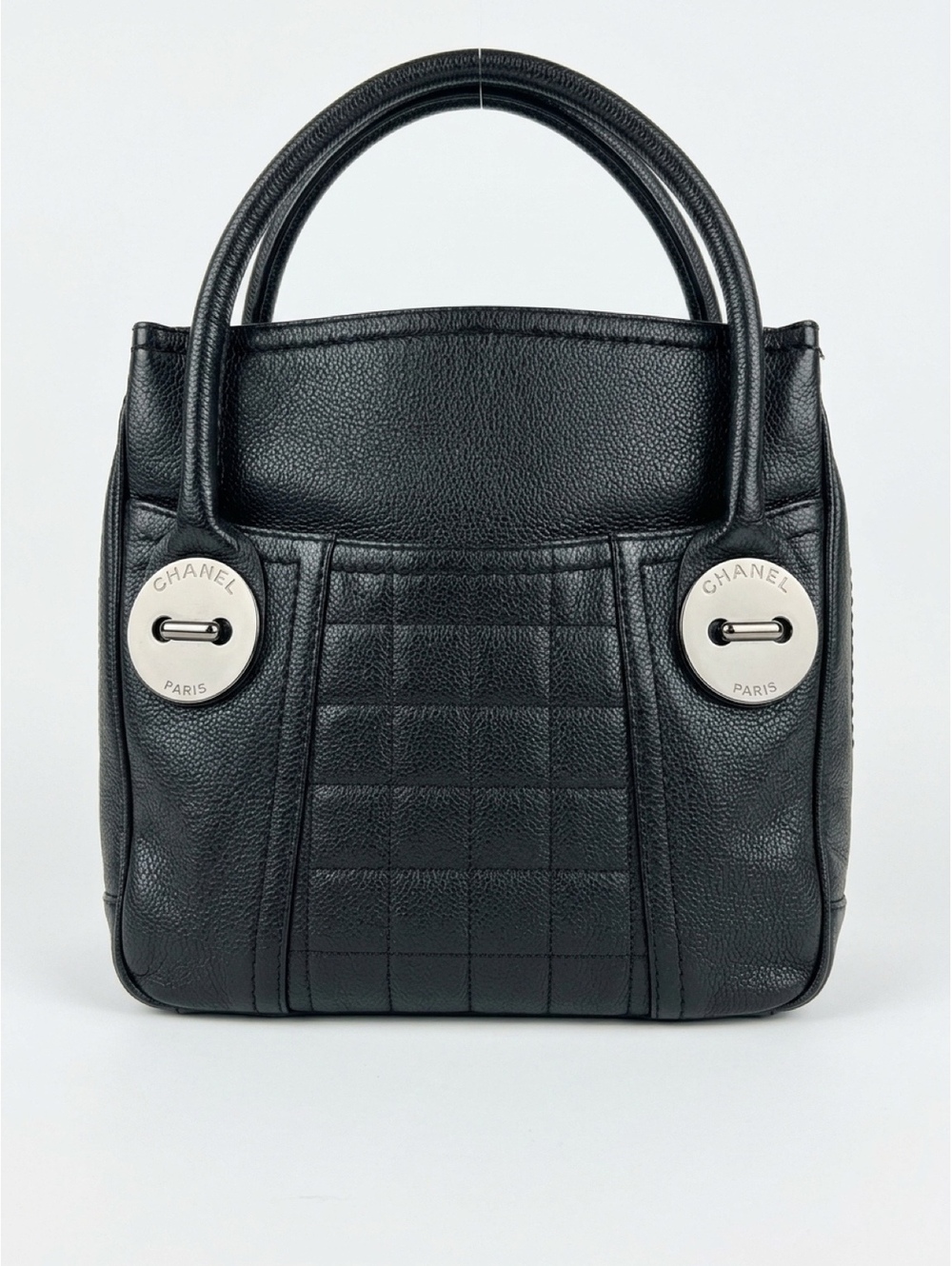 CHANEL Square Quilt Button Handle Black Caviar Leather Bag